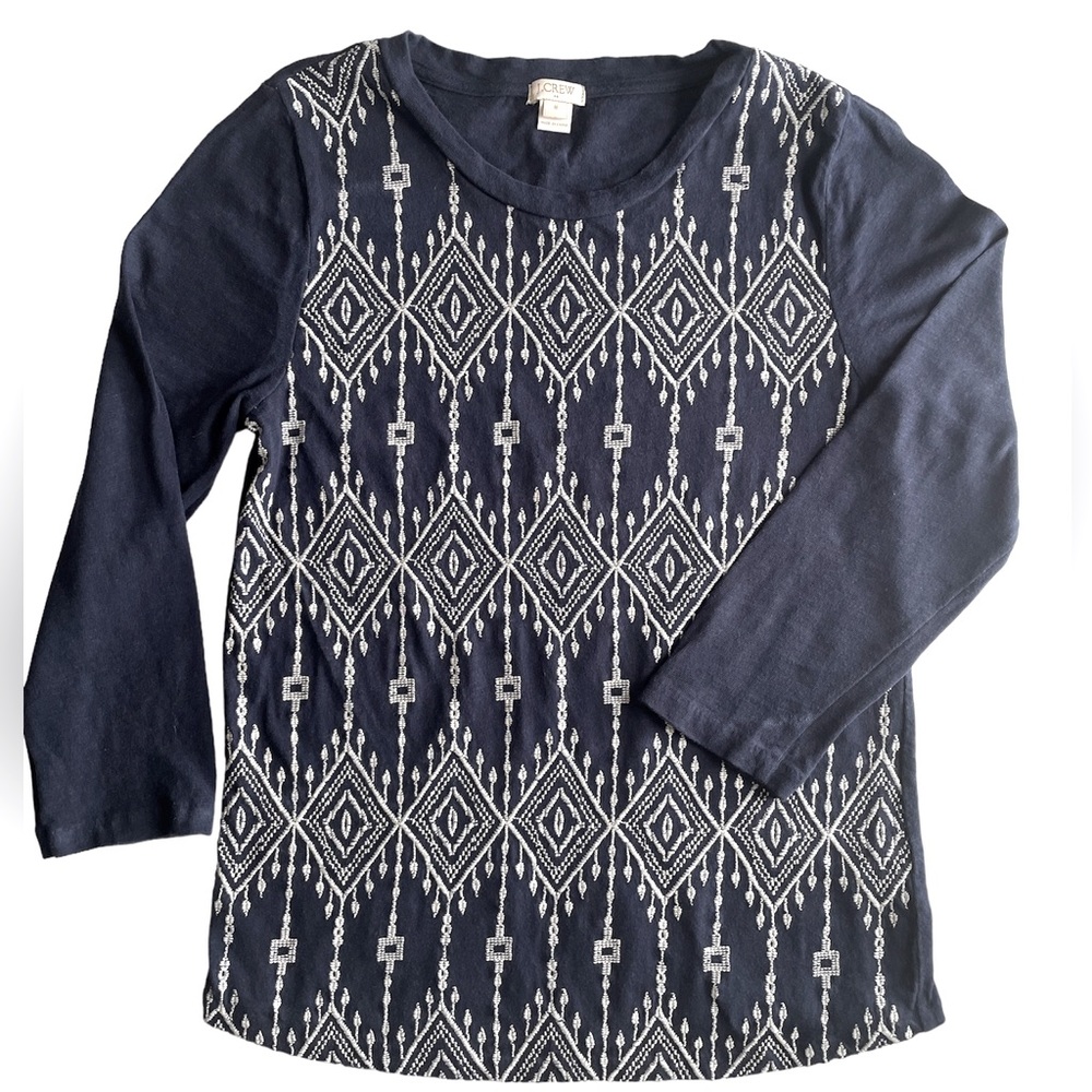 J Crew 3/4 Sleeve Navy Blue Embroidered Shirt